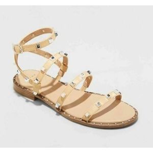 A New Day Women’s Tan Ankle Wrap Silver Stud Flat Strappy Sandals Sz 11 NWT